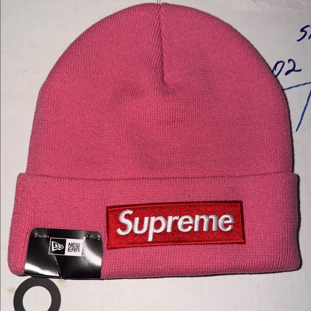 Supreme Pink Knit Hat with Red Logo